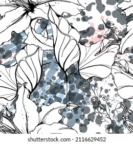 Floral Black and White Seamless Pattern. Modern Artistic Watercolor Print. Fashion Outline Flowers Surface. Botanic Vector Motif on Ink Stains Texture. Drawing Abstract Leaf. Trend Tropic Background.