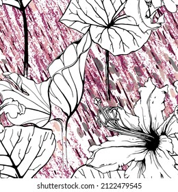 Patrón floral negro y blanco sin soldadura. Impresión artística moderna de acuarela. Superficie De Flores De Contorno De Moda. Motif vectorial botánico sobre la tinta mancha la textura. Dibujar Hoja Resumen. Fondo trópico de tendencia.