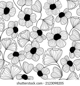 floral black and white seamless pattern with outline flowers