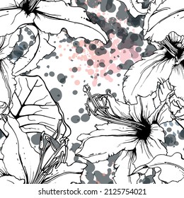 Floral Black and White Seamless Pattern. Modern Artistic Watercolor Print. Fashion Outline Flowers Surface. Botanic Vector Motif on Ink Stains Texture. Drawing Abstract Leaf. Trend Tropic Background.