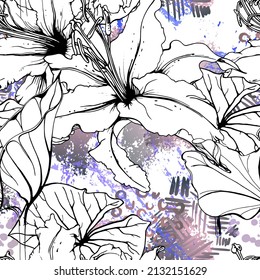 Floral Black and White Seamless Pattern. Modern Artistic Watercolor Print. Fashion Outline Flowers Surface. Botanic Vector Motif on Ink Stains Texture. Drawing Abstract Leaf. Trend Tropic Background.