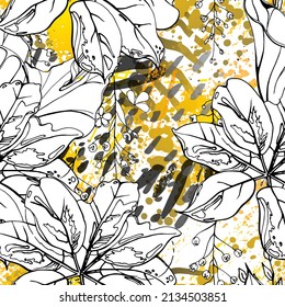 Patrón floral negro y blanco sin soldadura. Impresión artística moderna de acuarela. Superficie De Flores De Contorno De Moda. Motif vectorial botánico sobre la tinta mancha la textura. Dibujar Hoja Resumen. Fondo trópico de tendencia.