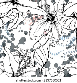 Patrón floral negro y blanco sin soldadura. Impresión artística moderna de acuarela. Superficie De Flores De Contorno De Moda. Motif vectorial botánico sobre la tinta mancha la textura. Dibujar Hoja Resumen. Fondo trópico de tendencia.