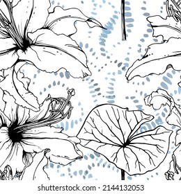 Floral Black and White Seamless Pattern. Modern Artistic Watercolor Print. Fashion Outline Flowers Surface. Botanic Vector Motif on Ink Stains Texture. Drawing Abstract Leaf. Trend Tropic Background.