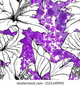 Floral Black and White Seamless Pattern. Modern Artistic Watercolor Print. Fashion Outline Flowers Surface. Botanic Vector Motif on Ink Stains Texture. Drawing Abstract Leaf. Trend Tropic Background.