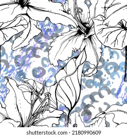 Patrón floral negro y blanco sin soldadura. Impresión artística moderna de acuarela. Superficie De Flores De Contorno De Moda. Motif vectorial botánico sobre la tinta mancha la textura. Dibujar Hoja Resumen. Fondo trópico de tendencia.
