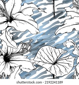 Patrón floral negro y blanco sin soldadura. Impresión artística moderna de acuarela. Superficie De Flores De Contorno De Moda. Motif vectorial botánico sobre la tinta mancha la textura. Dibujar Hoja Resumen. Fondo trópico de tendencia.