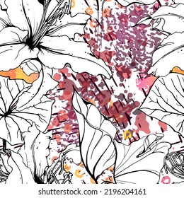 Floral Black and White Seamless Pattern. Modern Artistic Watercolor Print. Fashion Outline Flowers Surface. Botanic Vector Motif on Ink Stains Texture. Drawing Abstract Leaf. Trend Tropic Background.
