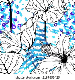 Floral Black and White Seamless Pattern. Modern Artistic Watercolor Print. Fashion Outline Flowers Surface. Botanic Vector Motif on Ink Stains Texture. Drawing Abstract Leaf. Trend Tropic Background.
