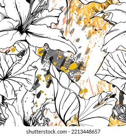 Floral Black and White Seamless Pattern. Modern Artistic Watercolor Print. Fashion Outline Flowers Surface. Botanic Vector Motif on Ink Stains Texture. Drawing Abstract Leaf. Trend Tropic Background.