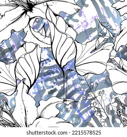 Floral Black and White Seamless Pattern. Modern Artistic Watercolor Print. Fashion Outline Flowers Surface. Botanic Vector Motif on Ink Stains Texture. Drawing Abstract Leaf. Trend Tropic Background.