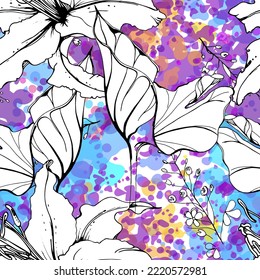 Floral Black and White Seamless Pattern. Modern Artistic Watercolor Print. Fashion Outline Flowers Surface. Botanic Vector Motif on Ink Stains Texture. Drawing Abstract Leaf. Trend Tropic Background.