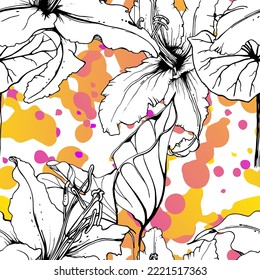 Patrón floral negro y blanco sin soldadura. Impresión artística moderna de acuarela. Superficie De Flores De Contorno De Moda. Motif vectorial botánico sobre la tinta mancha la textura. Dibujar Hoja Resumen. Fondo trópico de tendencia.