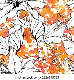 Floral Black and White Seamless Pattern. Modern Artistic Watercolor Print. Fashion Outline Flowers Surface. Botanic Vector Motif on Ink Stains Texture. Drawing Abstract Leaf. Trend Tropic Background.