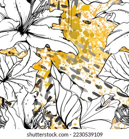 Floral Black and White Seamless Pattern. Modern Artistic Watercolor Print. Fashion Outline Flowers Surface. Botanic Vector Motif on Ink Stains Texture. Drawing Abstract Leaf. Trend Tropic Background.