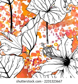Floral Black and White Seamless Pattern. Modern Artistic Watercolor Print. Fashion Outline Flowers Surface. Botanic Vector Motif on Ink Stains Texture. Drawing Abstract Leaf. Trend Tropic Background.