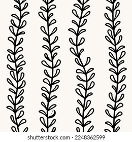 Floral black and white seamless pattern, simple leaves branch texture
