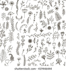 Floral black and white seamless pattern in doodle style