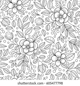 Floral black and white seamless pattern. Monochrome flower print.