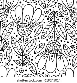 Floral black and white seamless pattern. Monochrome vector flower print. Hand drawn outline illustration.