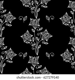 Floral black and white seamless pattern. Line flower and leaf. Vintage style ornament with line flowers. Vector fancy motives of stylish vintage fabric patterns.