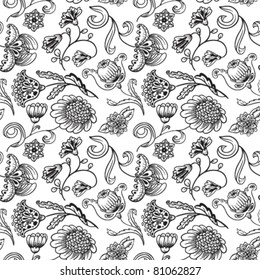 Floral black and white seamless pattern