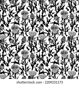 Floral black and white seamless vector pattern with thistle flowers and  branches. Thistle plant pattern. Vector illustration on white background. Floral seamless pattern.