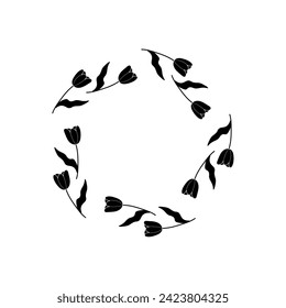 Floral black and white silhouette silhouette round frame, ornament, spring. On white isolated background. 