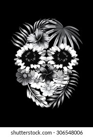 Floral black and white skull print