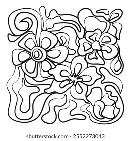 Floral black and white sticker. Vintage style flower cartoon illustration. Calming Abstract Flower Coloring Page