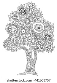 Floral black and white tree could be use for coloring book in doodle style.