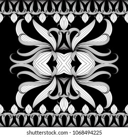 Floral black and white vector seamless border pattern. Hand drawn vintage ornaments. Design for fabrics, wallpapers, prints textile. Isolated texture. Line art tracery doodle flowers, striped leaves.