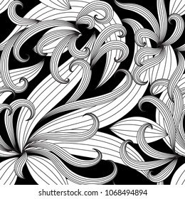 Floral black and white vector seamless pattern. Hand drawn vintage ornaments. Luxury design for fabrics, wallpapers, prints textile. Isolated texture. Line art tracery doodle flowers, striped leaves.