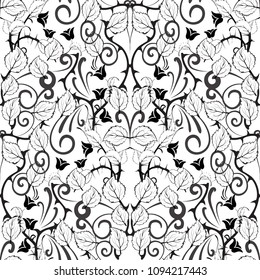 Floral black and white vector seamless pattern. White flourish abstract background. Hand drawn vintage black flowers, curl, swirl lines, leaves, thorny branches, line art tracery flowery ornaments.