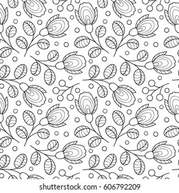 Floral black and white vector seamless pattern. Monochrome vintage flower print.