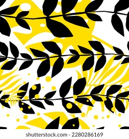 Floral Black, White and Yellow Vector Seamless Pattern, Illustration, Leaves, Surface, Textile, Design