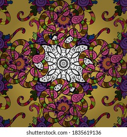 Floral black, yellow and pink seamless pattern. Vintage outline illustration. Vector flower print.