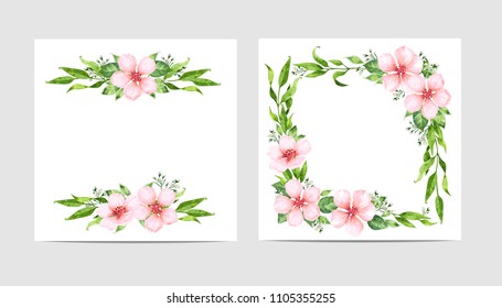 Floral blank template set. Apple tree Flowers  in watercolor style isolated on white background for web banners, polygraphy, wedding invitation, border. Art vector illustration.