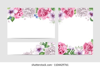 Floral blank template set. Flowers  in watercolor style isolated on white background for web banners, polygraphy, wedding invitation, border. Art vector illustration.