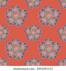 floral block print, ethnic ikat seamless pattern traditional design for background, carpet, wallpaper, clothing, wrapping, fabric, vector illustration, embroidery style, Ajrakh, batik print allovers