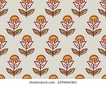 FLORAL BLOCK PRINT SEAMLESS PATTERN VECTOR ILLUSTRATION