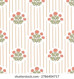 Floral block print with stripes. Vector farmhouse seamless pattern decorated small ditsy pink flowers, wildflowers. Cute cottagecore style for textile design, wallpaper, repeat background, wrap paper.