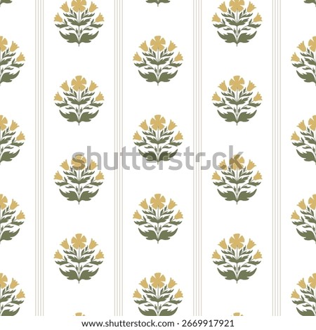 Floral block print with stripes. Vector farmhouse seamless pattern decorated small ditsy flowers, wildflowers. Cute grandmillennial style for textile design, wallpaper, repeat background, wrap paper.
