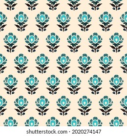 Floral block printed seamless pattern, traditional Indian ornament, vector