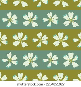Floral Blocks, vector green seamless pattern. Block stripes in olive and dusty mint with bright flowers. Perfect for garden and home decor. Part of First Floral collection.