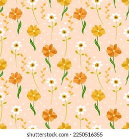  Floral, bloom nostalgic pattern design. Hand drawn painting spring small flowers. flower seamless pastel pink background. Little white, yellow color meadow flowers and tiny Valentine hearts
