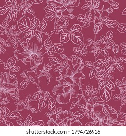 Floral bloom. Silhouettes of large roses and petals. Outline sketch contour drawing, Line art. Seamless pattern made of garden flowers. Fashion design for fabric and textile, postcards, wallpaper.