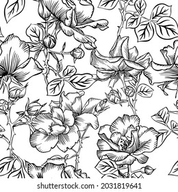 Floral bloom. Silhouettes of large roses and petals. Outline sketch contour drawing, Line art. Seamless pattern made of ink garden flowers isolated on white.