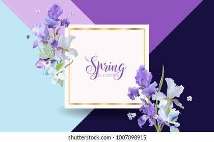 Floral Bloom Spring Banner With Purple Iris Flowers. Invitation, Poster, Greeting Card Flyer Template. Vector Illustration