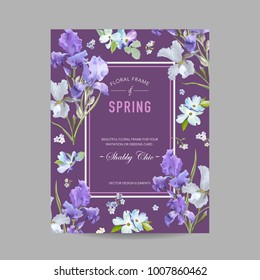 Floral Bloom Spring Frame with Purple Iris Flowers. Invitation, Poster, Greeting Card Flyer Template. Vector illustration